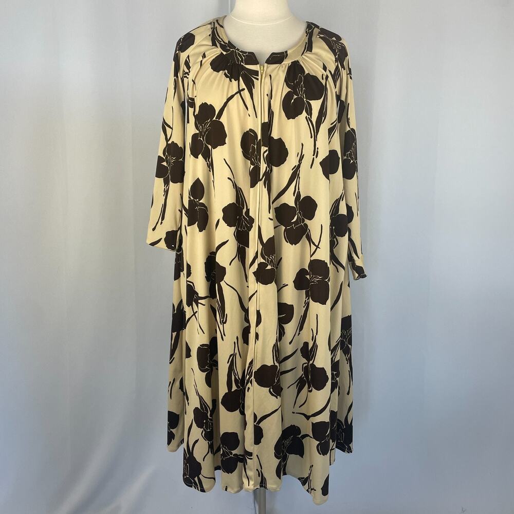 Vintage 70s House Dress Plus Size 2X Tan Brown Floral Long Sleeve Mod Retro 60s
